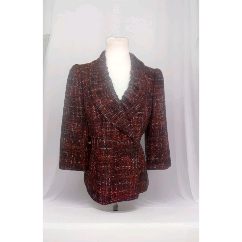 Classiques Entier Burgundy Red Tweed Ruffle Blazer Sz M Lined Wool Blend Jacket